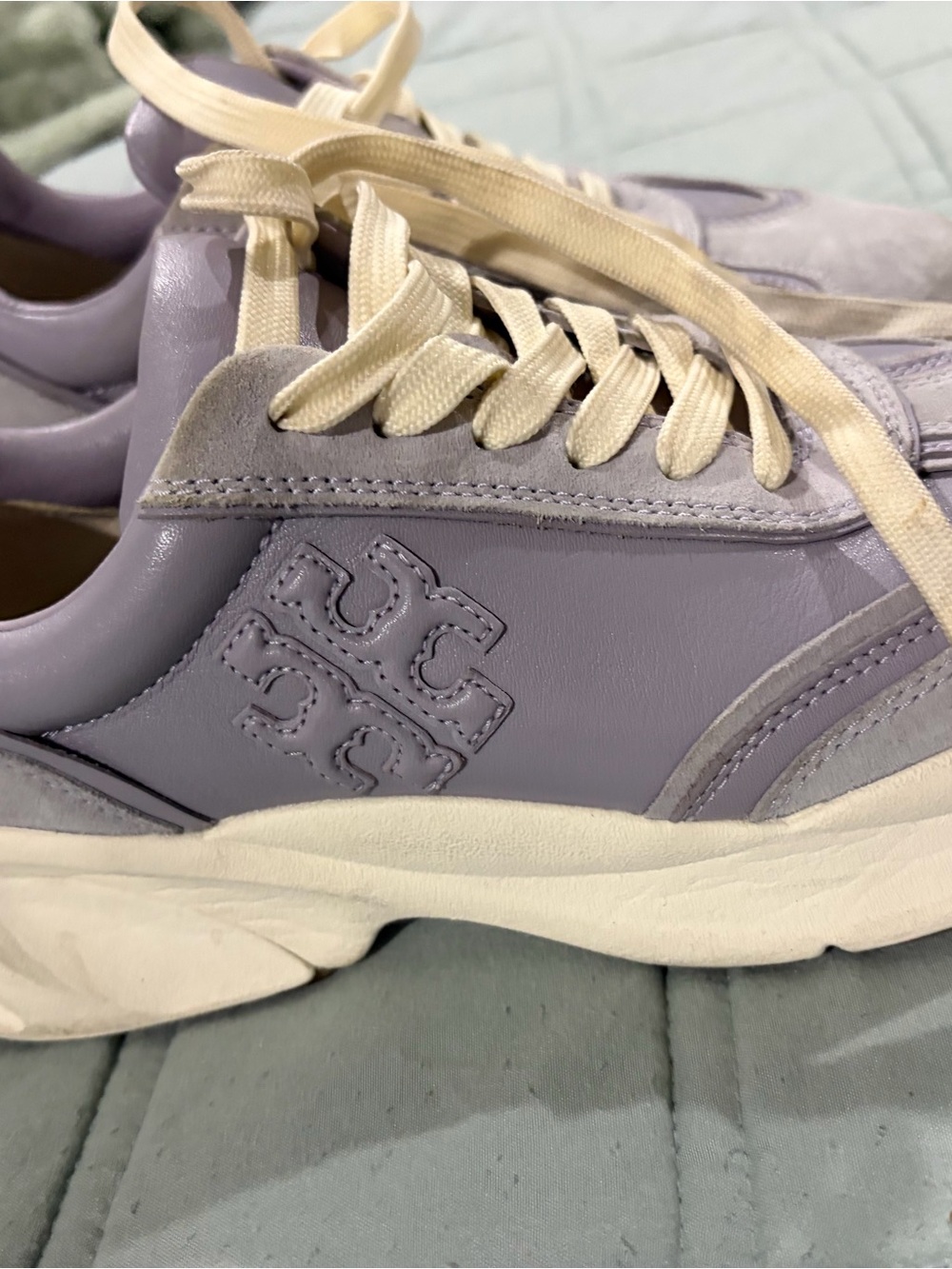 Tory Burch Lavender Leather Logo Sneakers with Cream Laces